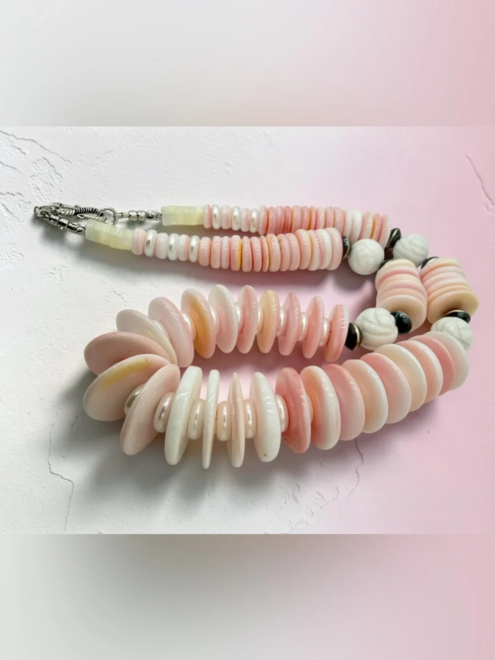 Artisan Queen Conch Shell Carved Coral MOP Sterling Silver Necklace 18” 116g 925